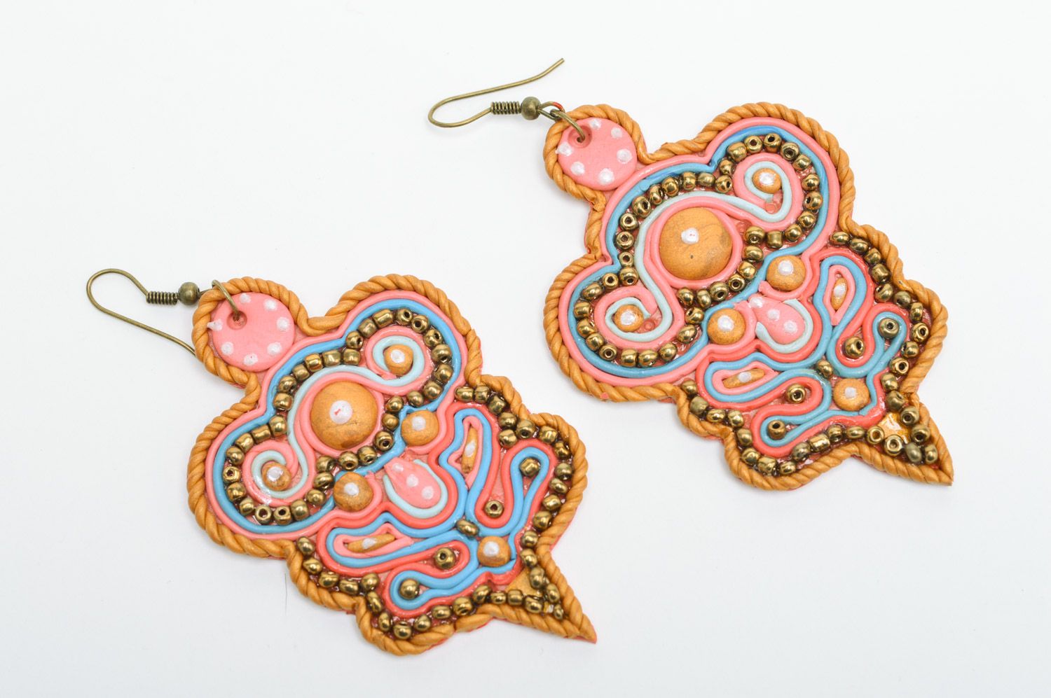 Large massive handmade earrings made of polymer clay in soutache style photo 3
