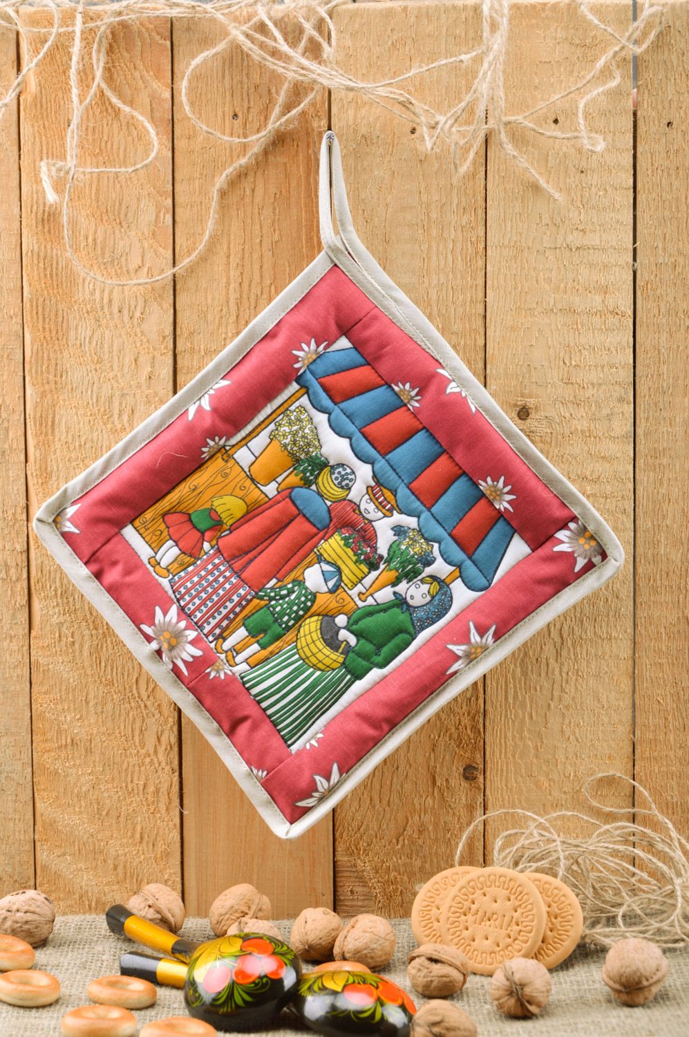 Handmade bright colorful hot pot holder sewn of cotton fabric Flower Market  photo 1