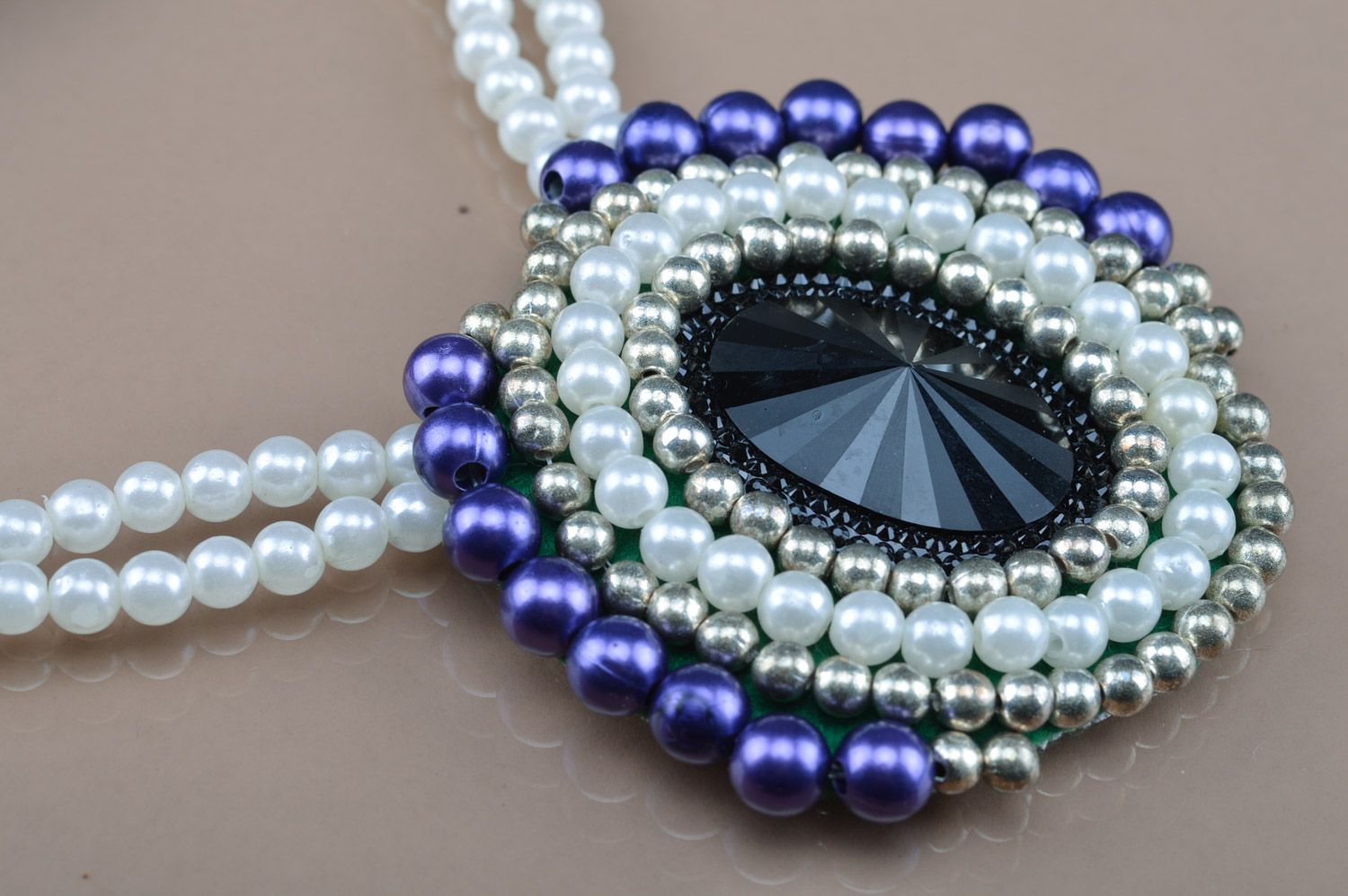 Handmade bead embroidered necklace with rhinestones on felt basis Mirror photo 3