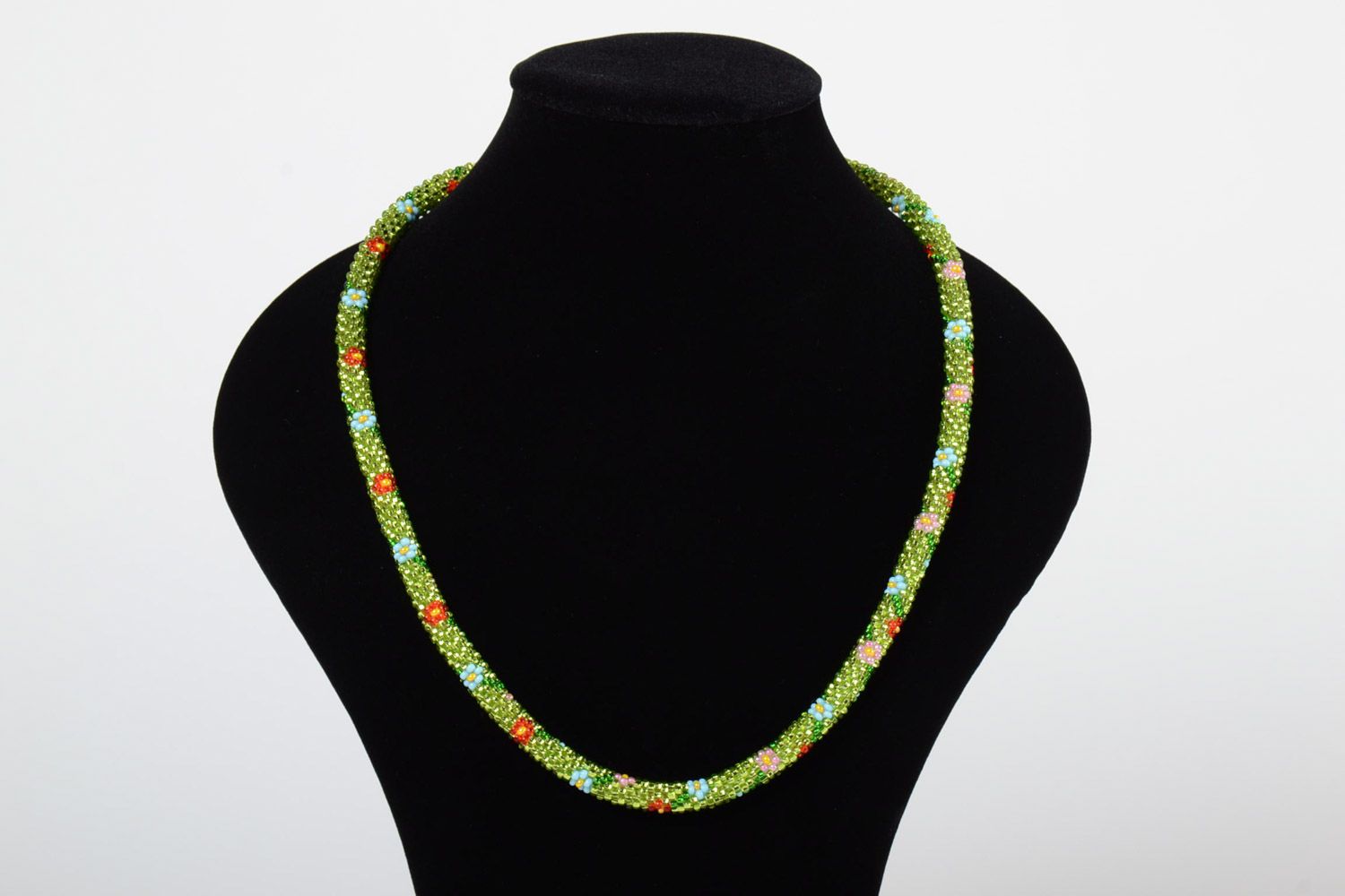 Beautiful bright women's handmade beaded cord necklace of lime color photo 1