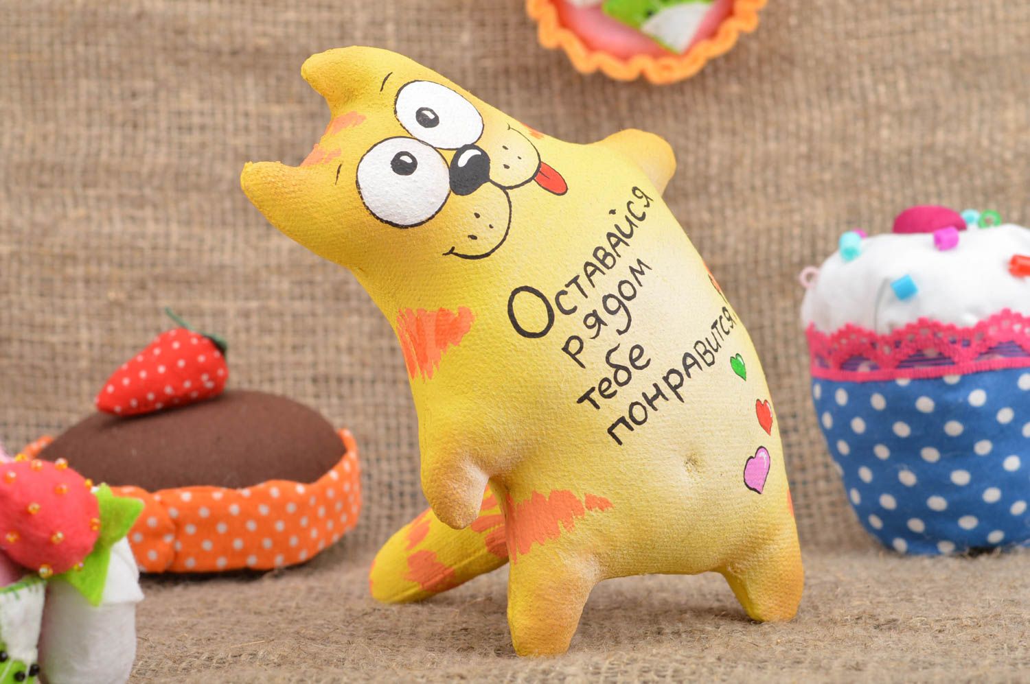 Homemade designer decorative soft toy sewn of painted cotton with lettering Cat photo 1