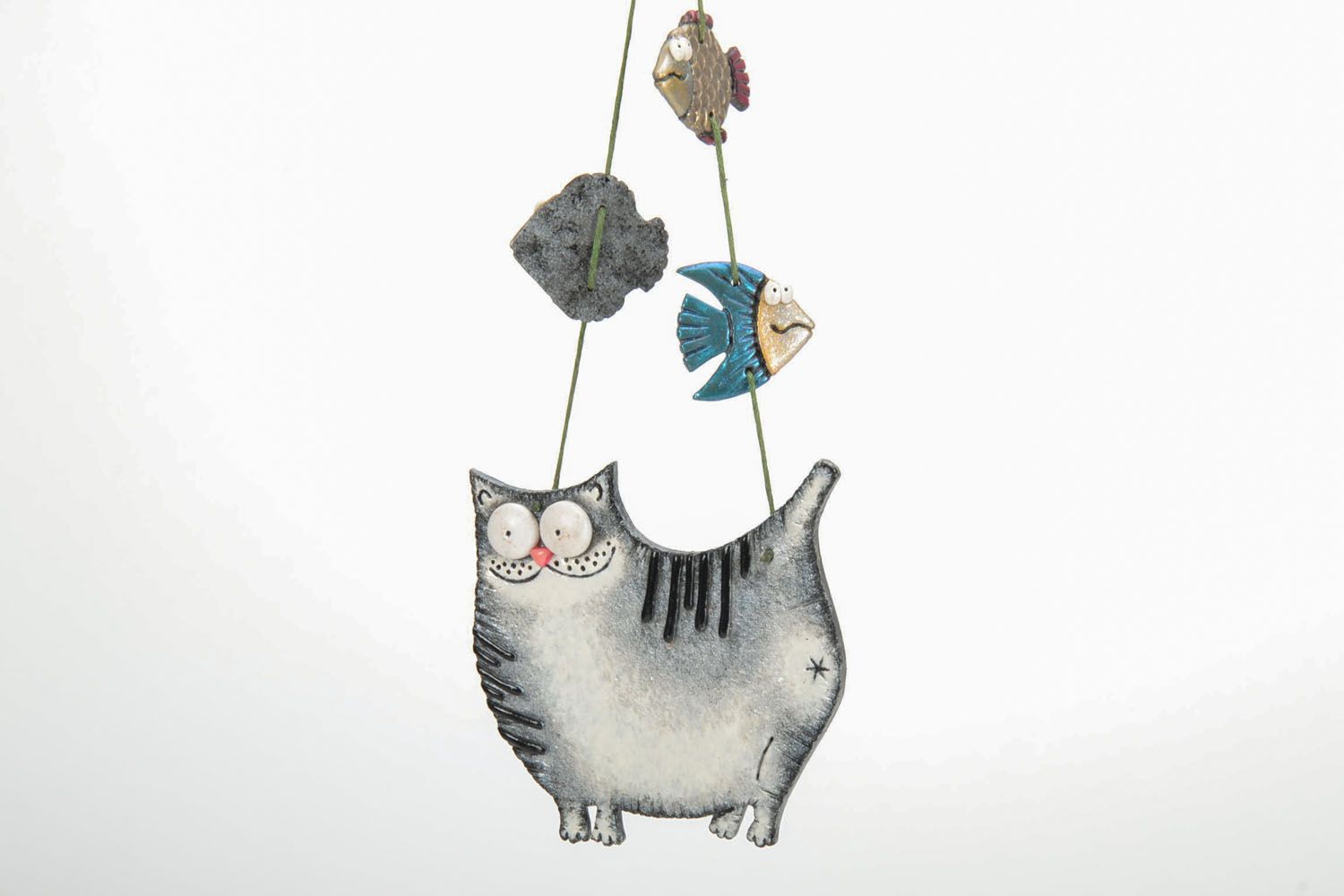Unusual wall pendant Gray Cat with Fish photo 4
