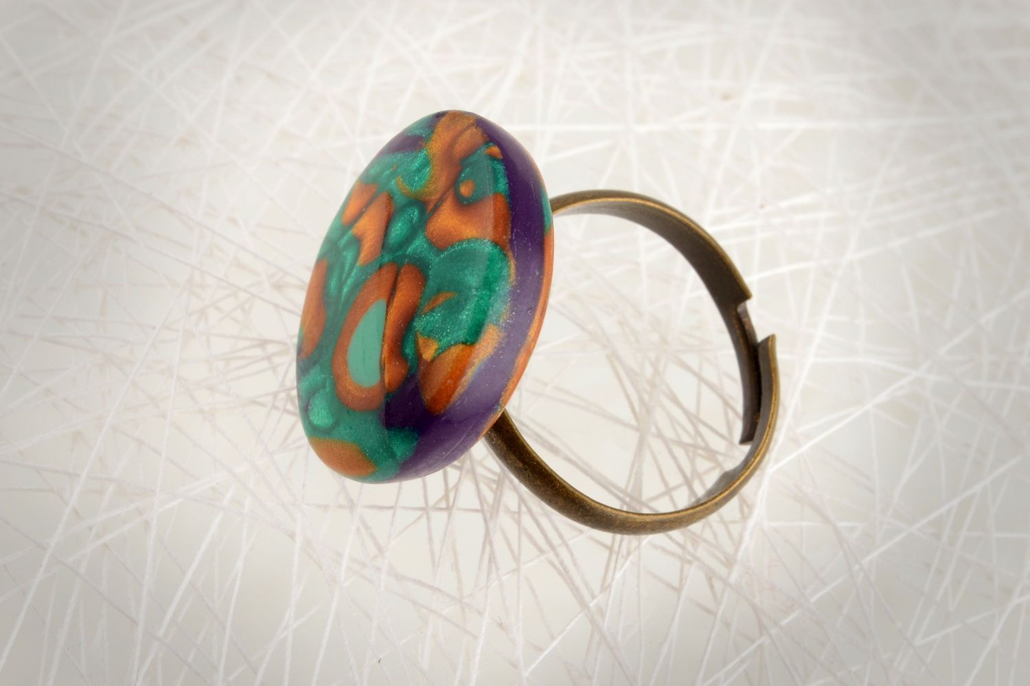 Handmade round colorful polymer clay jewelry ring on metal basis photo 1