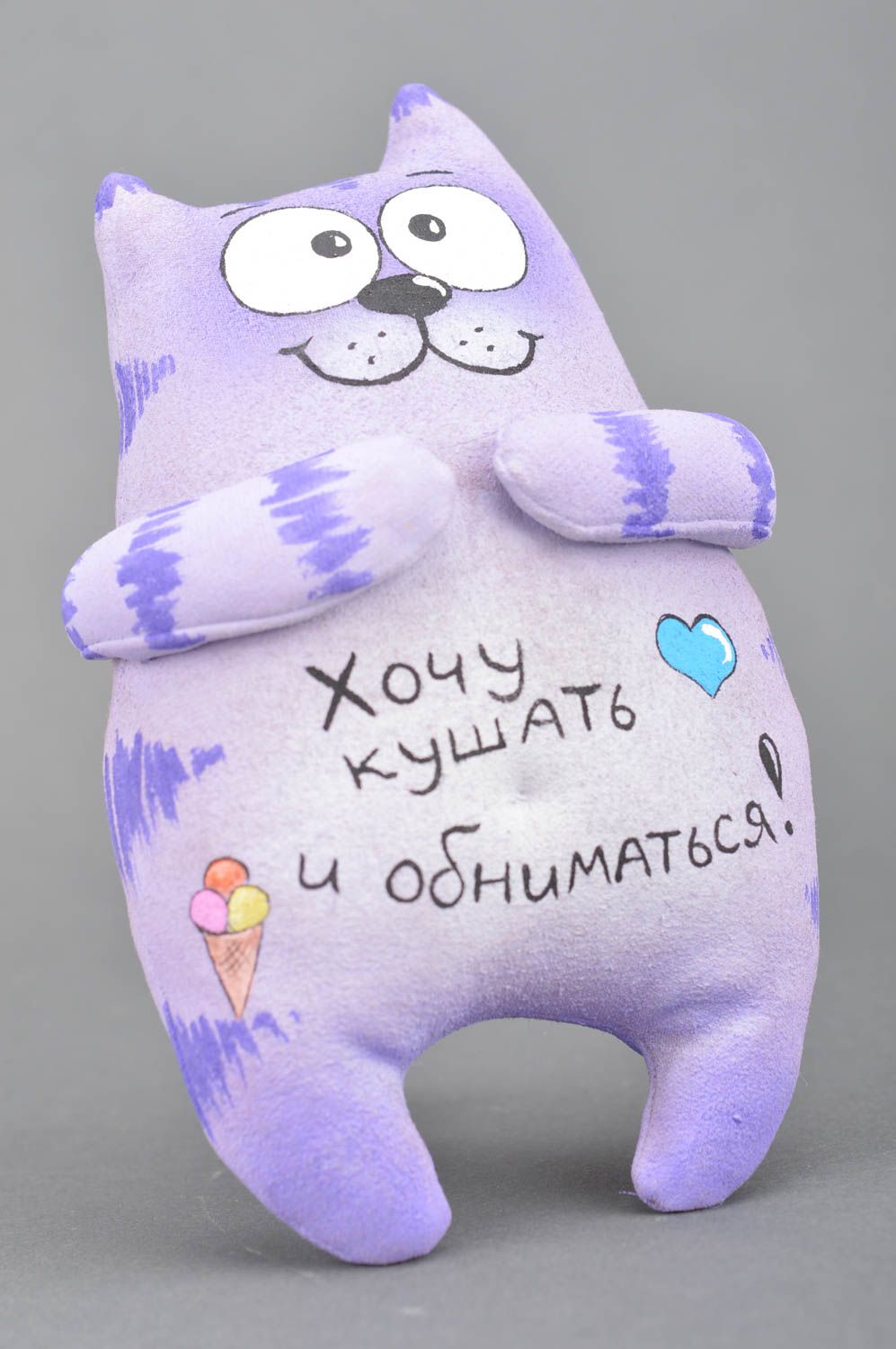 Homemade designer fabric soft toy violet kitten with lettering interior decor photo 2