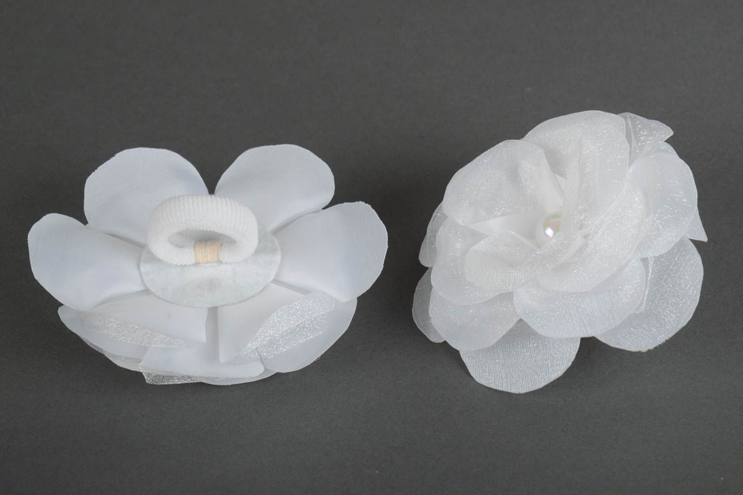 Set of 2 homemade designer hair ties with satin ribbon flowers in white color photo 4