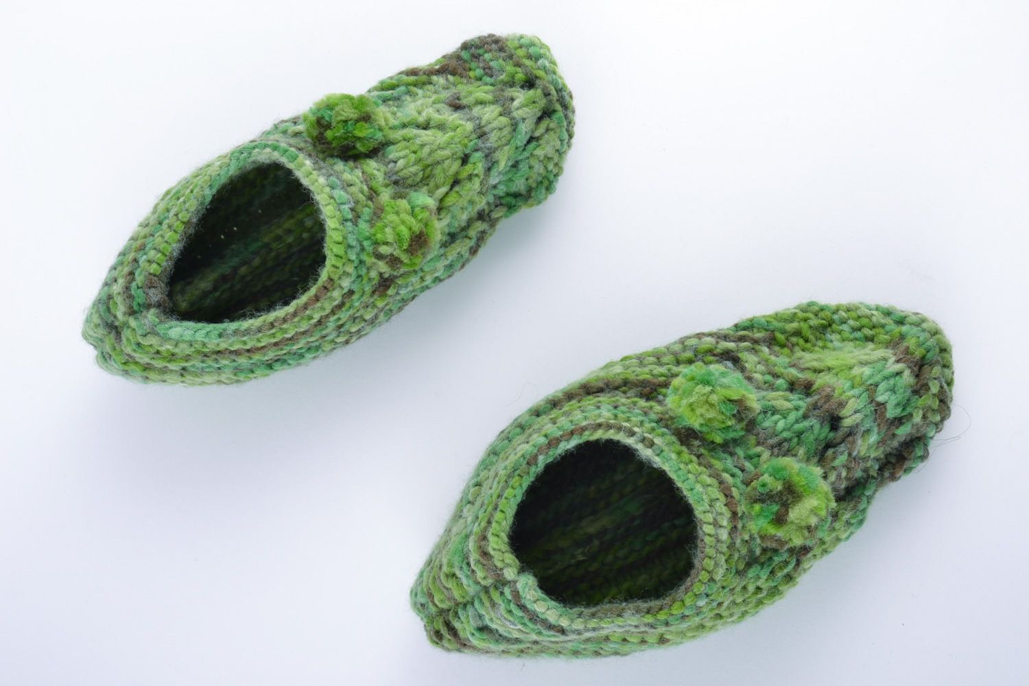 Handmade knitted half-woolen house slippers with pompoms of green color photo 2