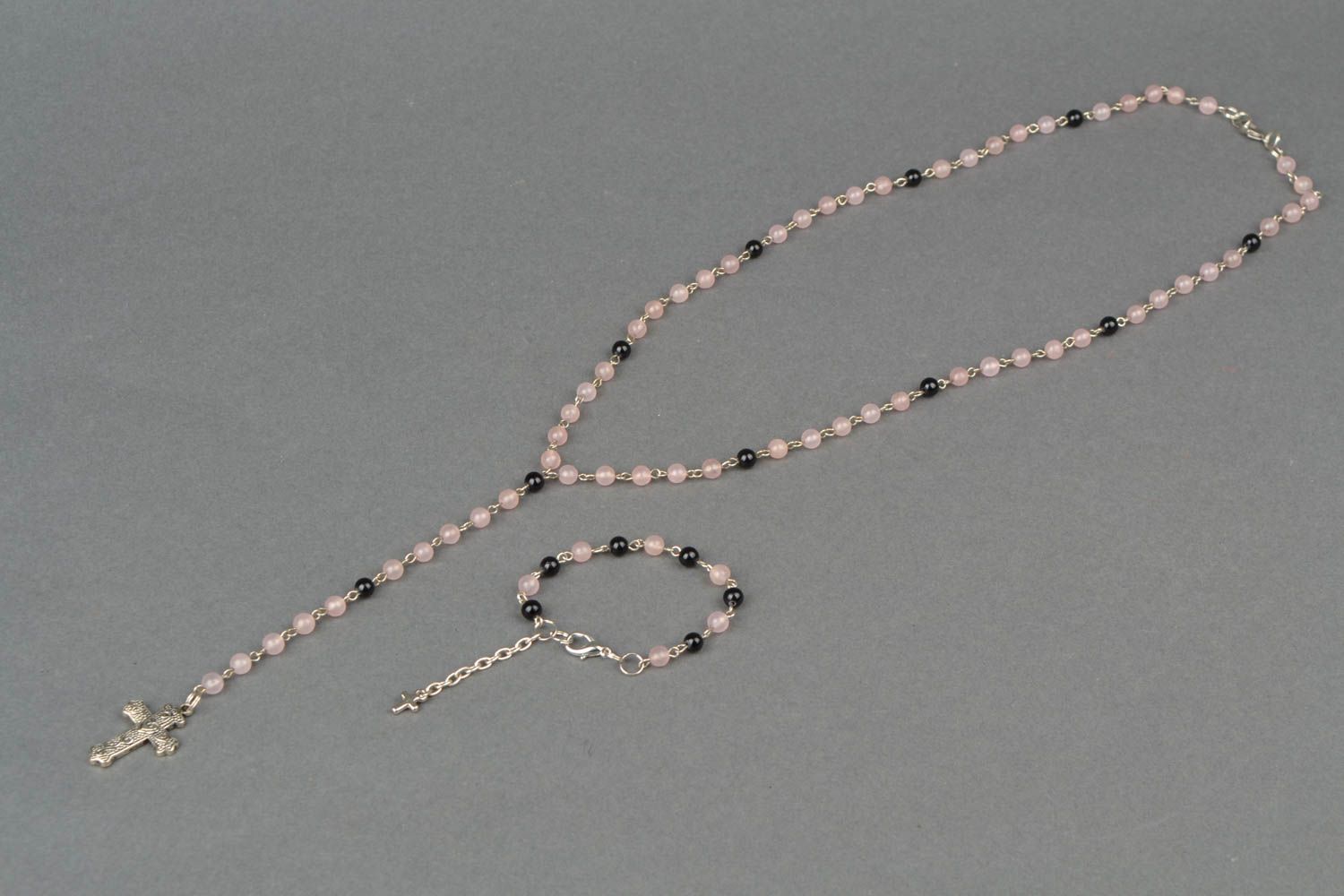 Pink quartz and agate necklace and bracelet Rosary photo 4