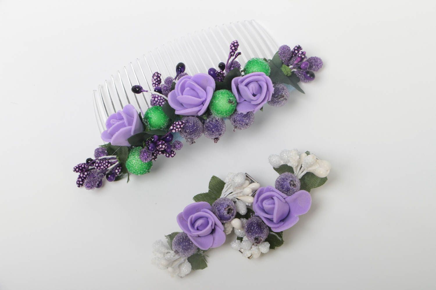 Set of handmade accessories flower hair clip and comb stylish jewelry 2 pieces photo 2