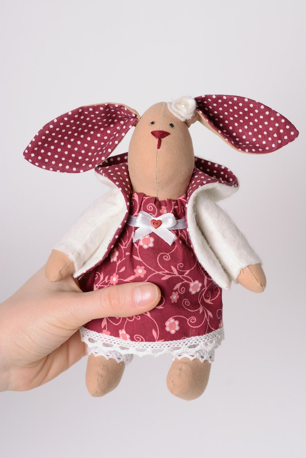 Beautiful small handmade fabric soft toy hare in nice dress  photo 4