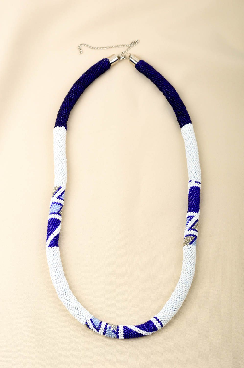 Handmade Damen Collier Glasperlen Halskette Designer Schmuck weiß blaue Litze foto 1