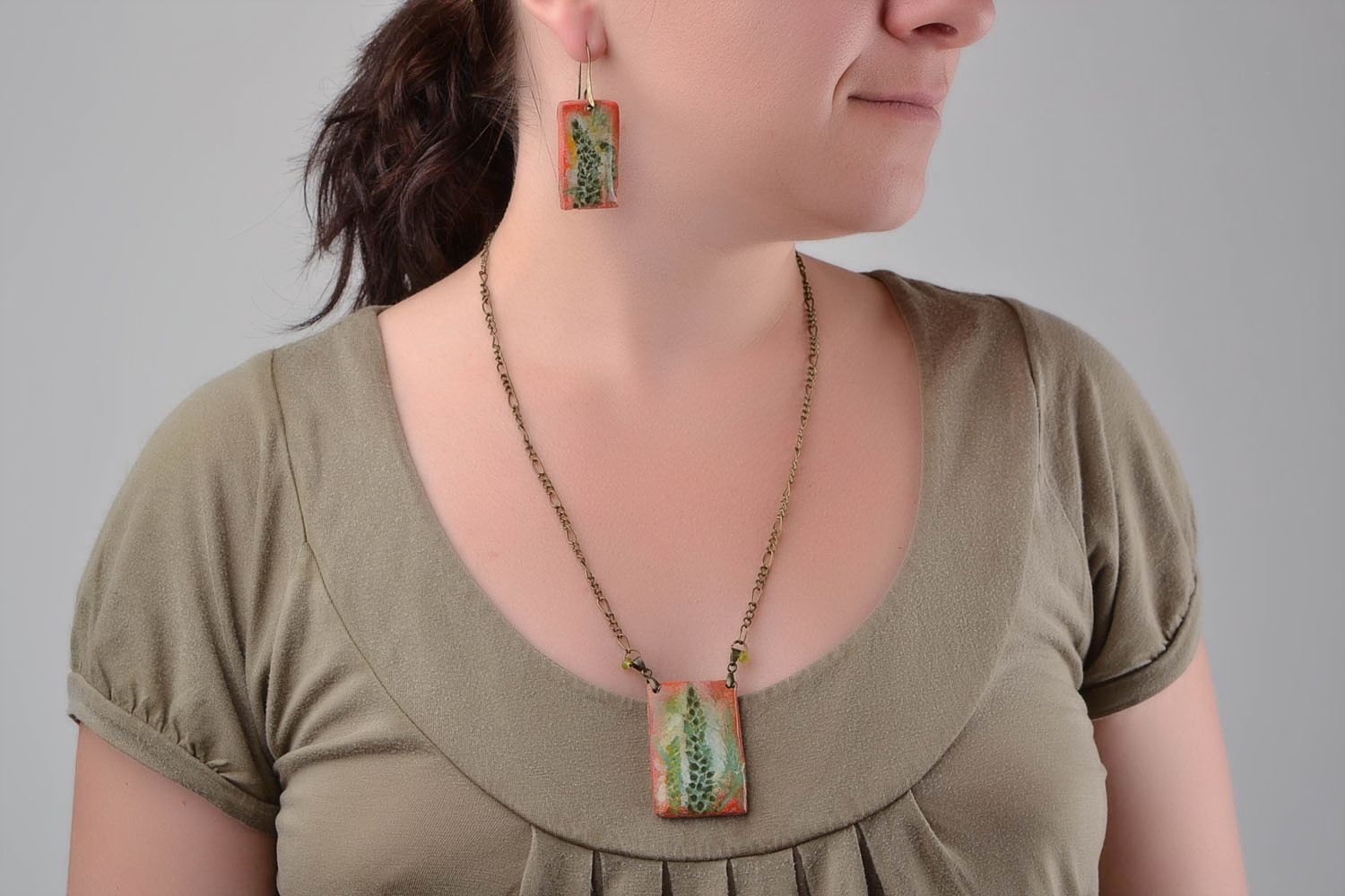 Handmade jewelry set polymer clay designer earrings pendant necklace photo 1