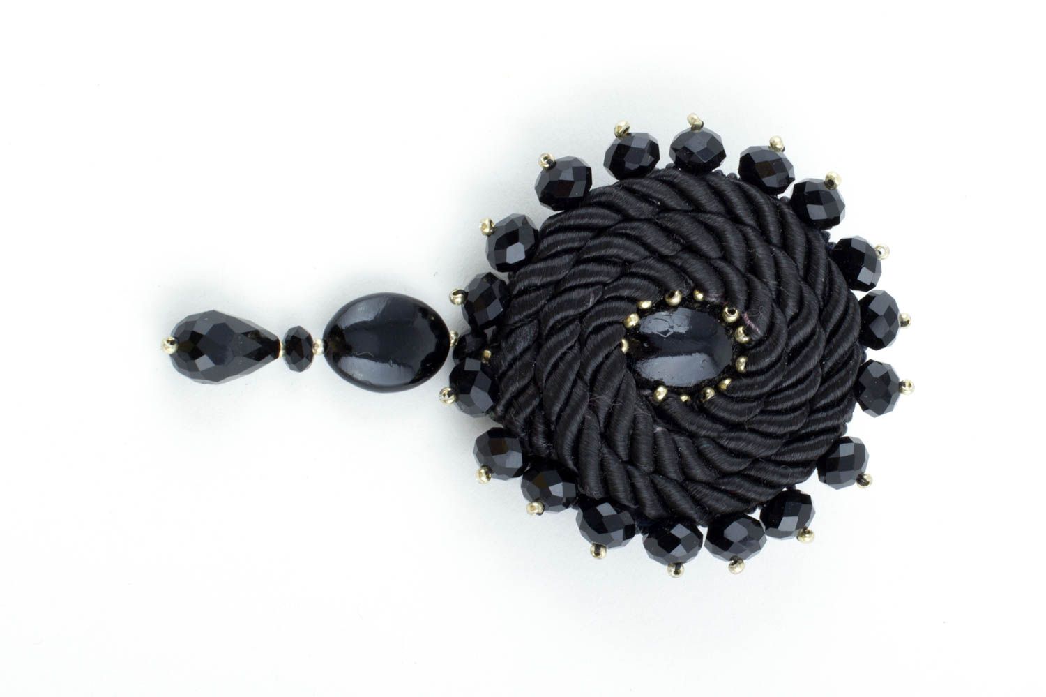 Handmade black agate and crystal bead brooch on leather basis for fashionista photo 2