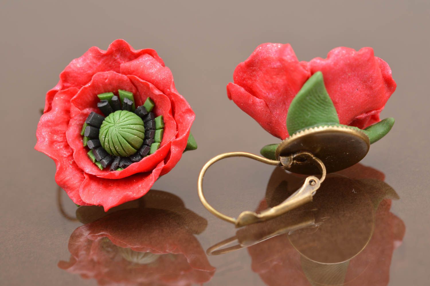 Handmade designer dangle earrings with polymer clay volume flowers red poppies photo 5