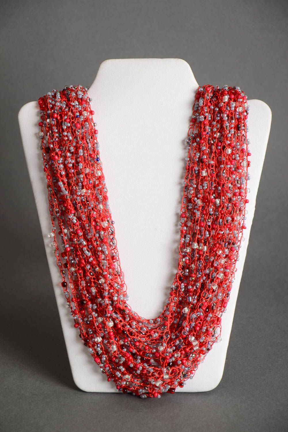 Handmade long airy multi row necklace crocheted of beads in red color palette photo 2