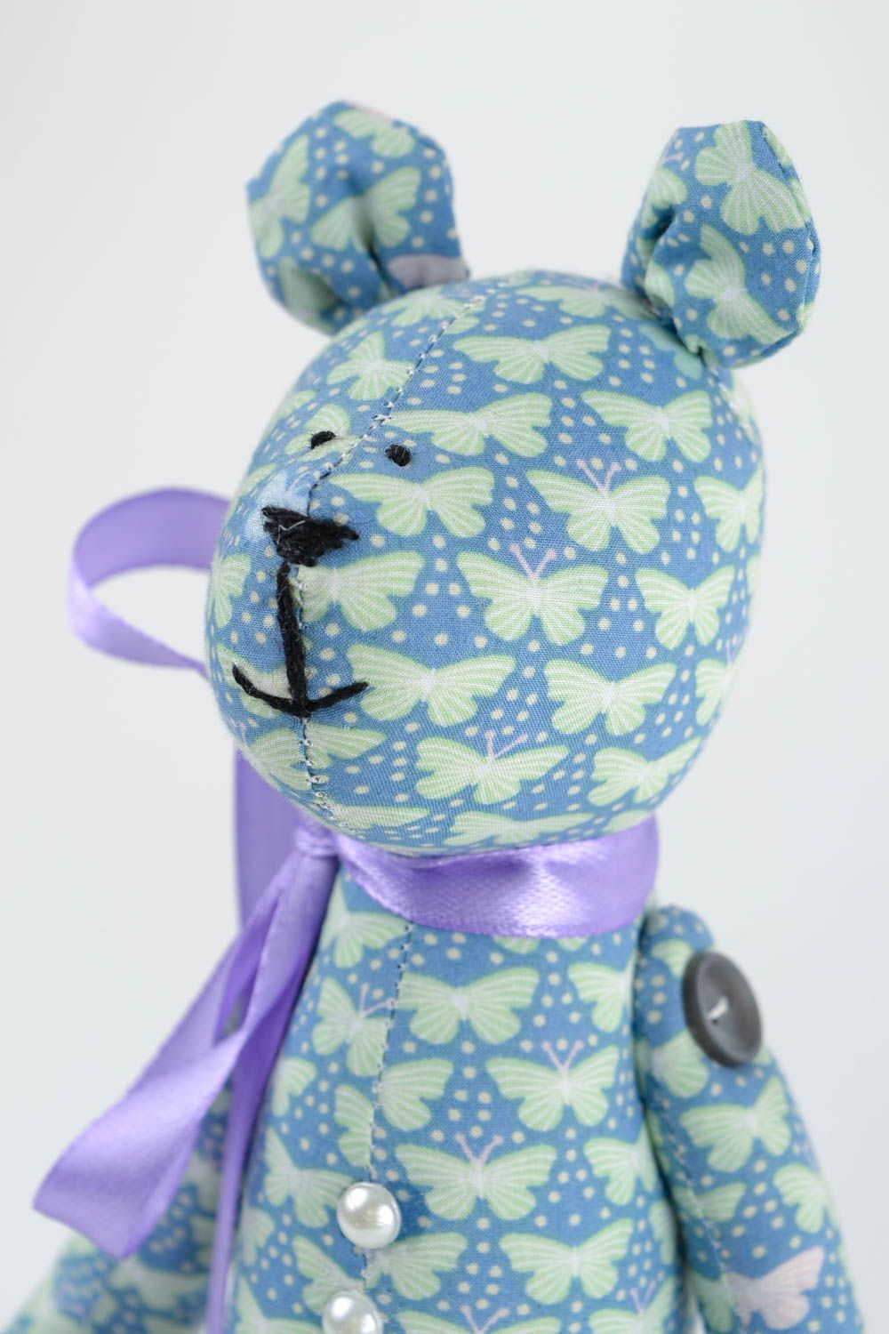 Peluche ours Jouet enfant fait main petit à motif bleu en coton Cadeau original photo 3
