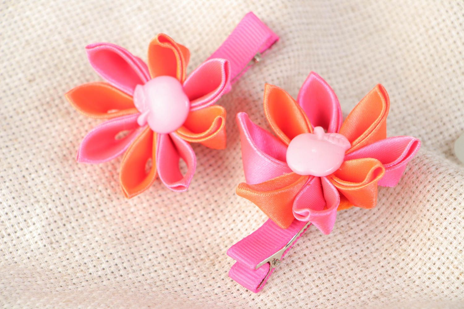 Handmade hair clips with orange and pink kanzashi flowers for kids set of 2 items photo 1