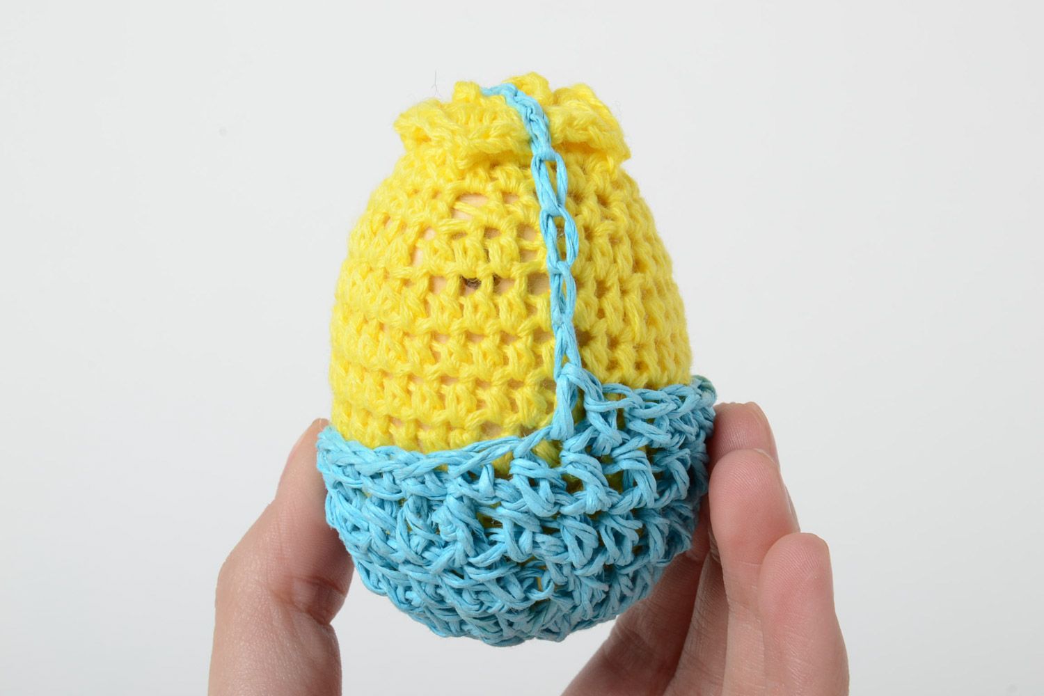Handmade wooden egg crocheted over with yellow and blue threads Easter decoration photo 5