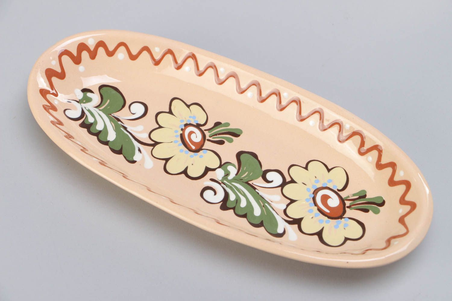 Handmade decorative ceramic long plate ornamented with colorful glaze for fish photo 3