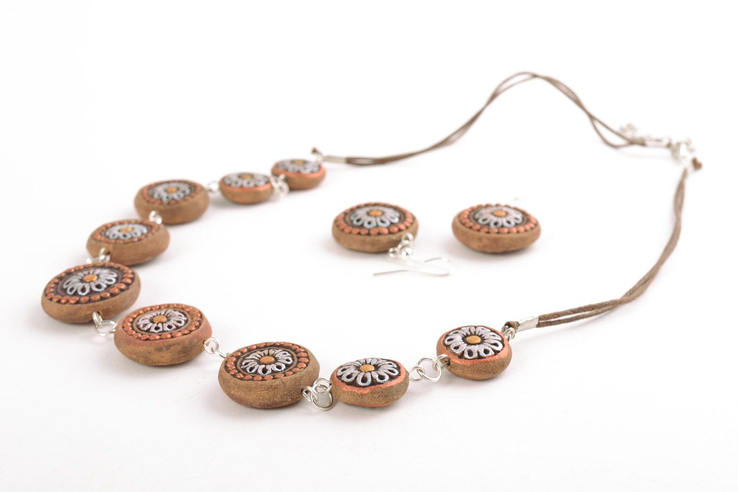 Set of handmade ceramic ethnic jewelry set 2 items bead necklace and earrings photo 4