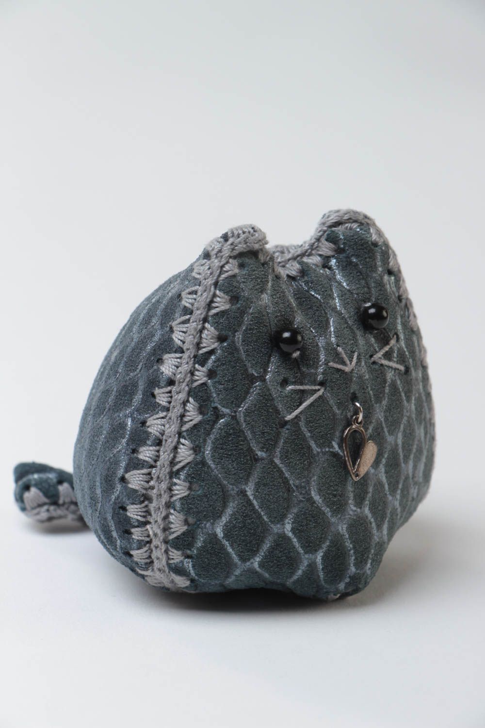 Handmade unusual designer small soft toy sewn of leather gray kitten photo 2
