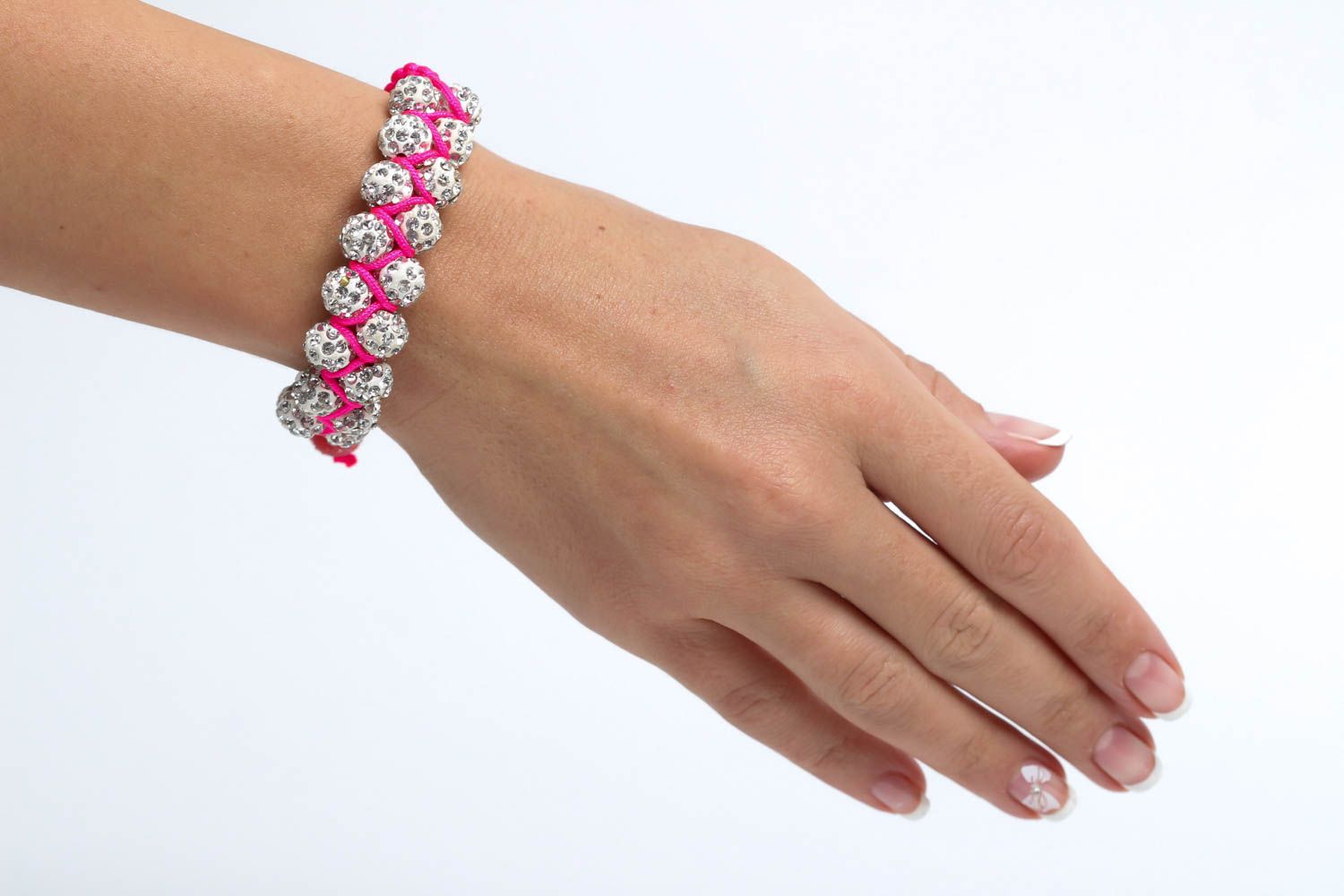Silver color beads strand bracelet on the pink cord for women photo 5