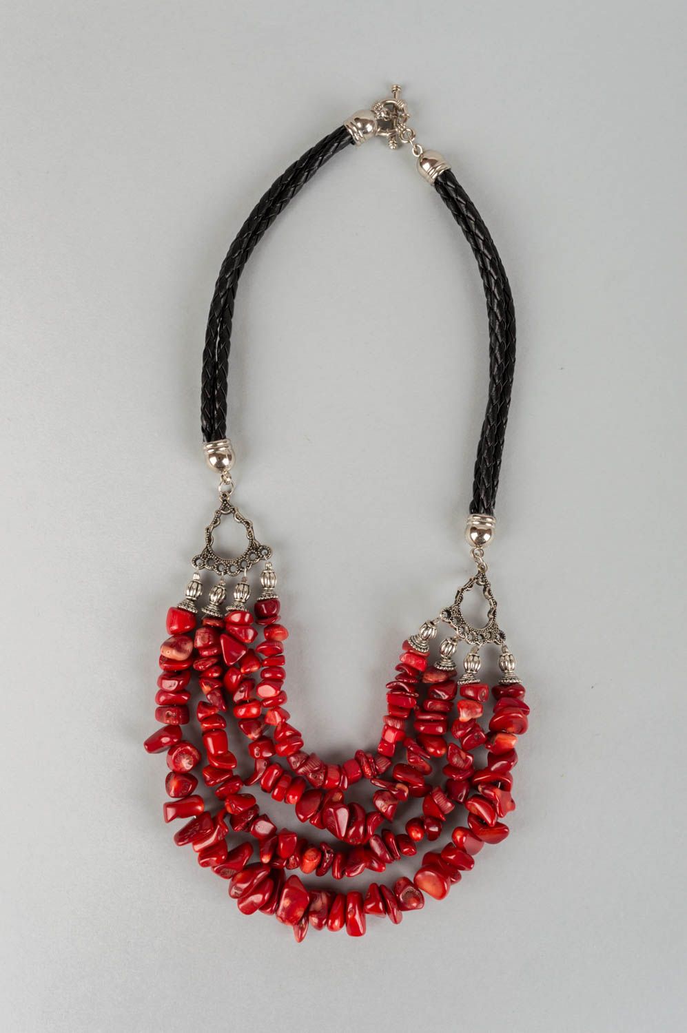 Beautiful bright red handmade necklace with natural stones on woven leather cord photo 2