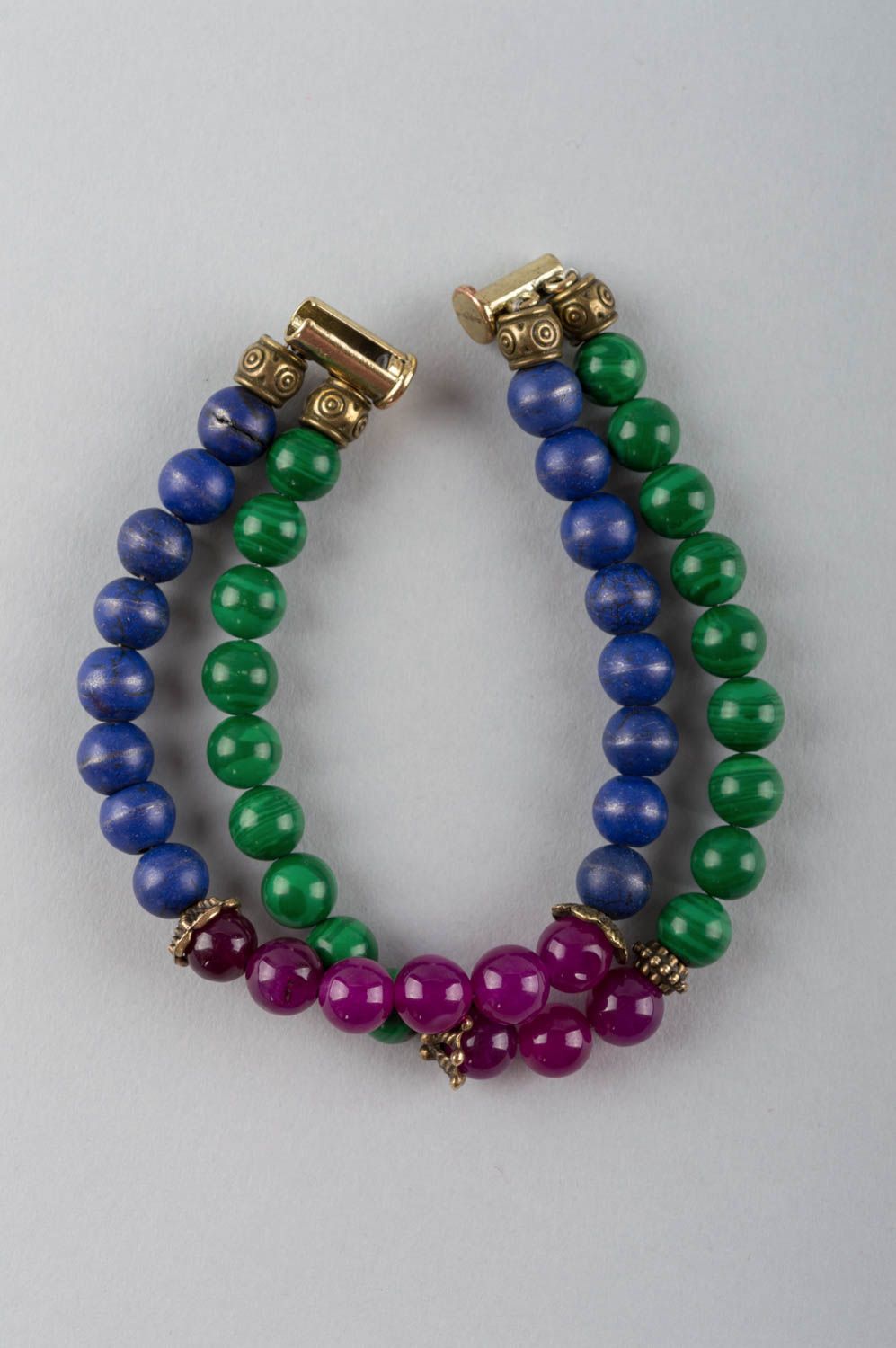 Handmade colorful bracelet made of malachite lazurite and brass in 2 rows photo 3
