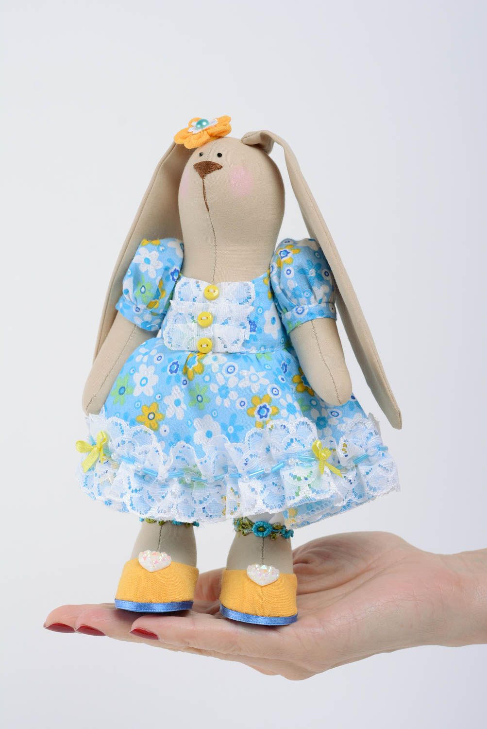 Small handmade fabric soft toy long-eared hare in blue dress photo 5