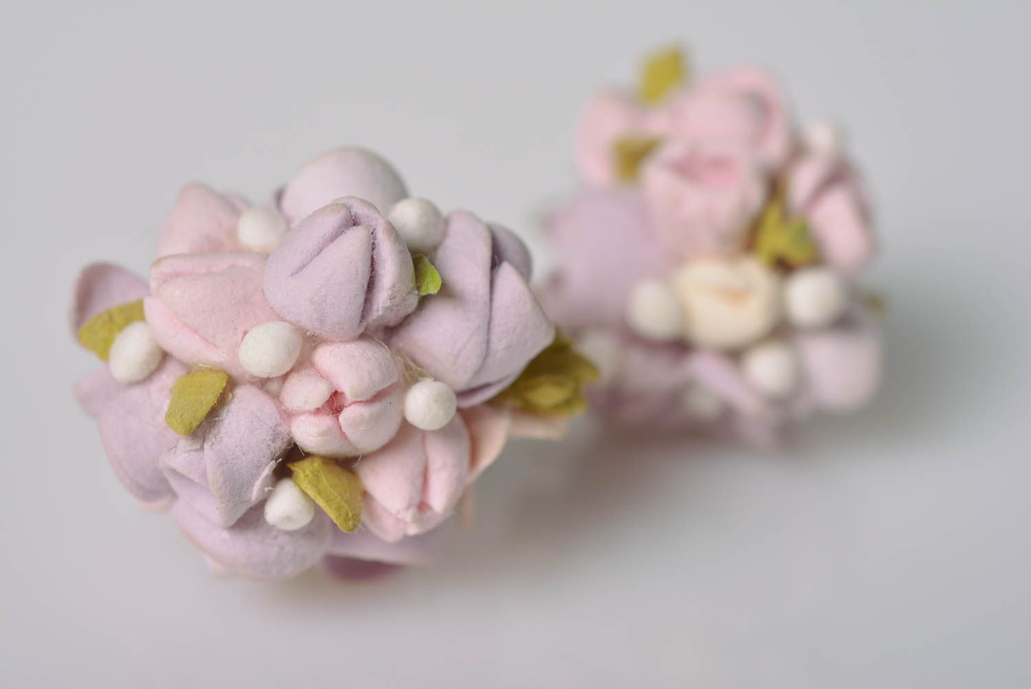 Handmade designer's earrings of polymer clay with lilac flowers photo 2