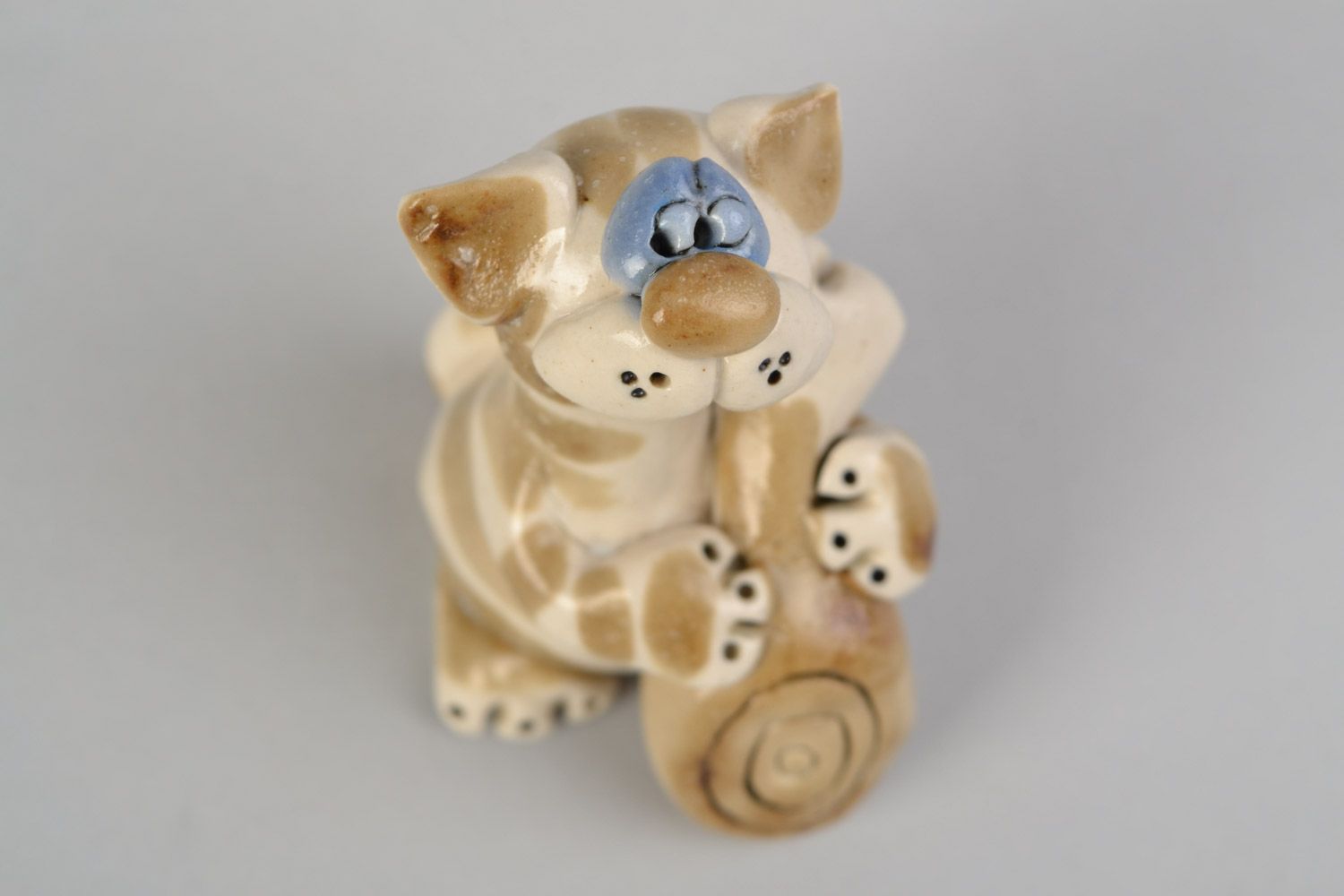 Handmade decorative miniature ceramic figurine painted with colorful glaze Cat photo 3