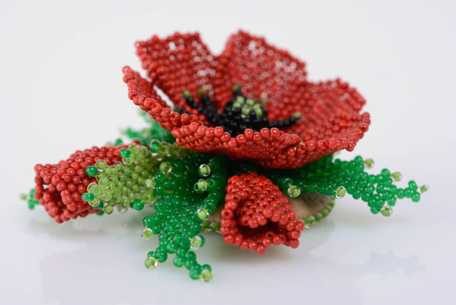 Handmade designer volume flower brooch woven of seed beads Red Poppy with leaves photo 1
