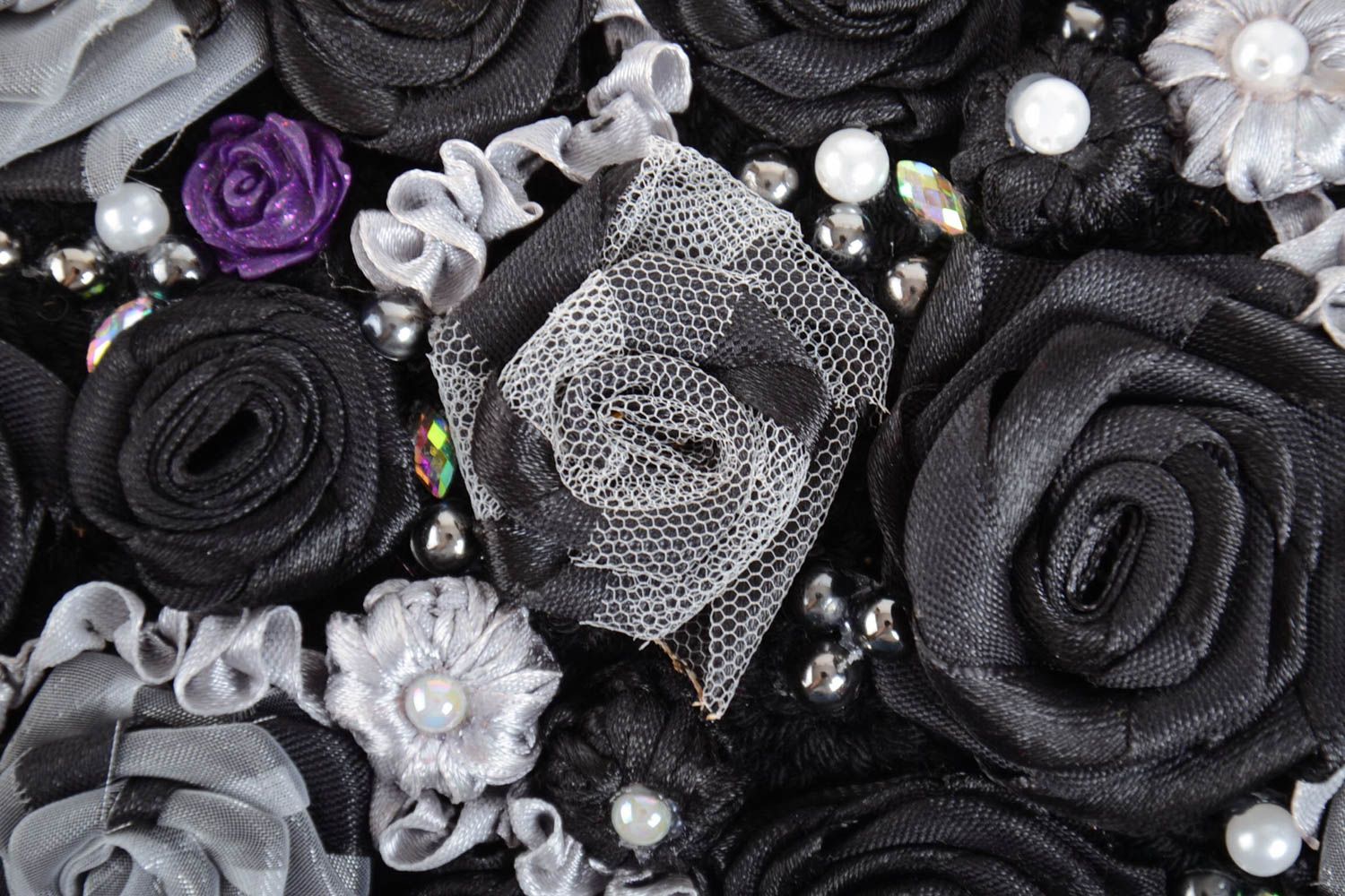 Handmade small designer crocheted black clutch bag with satin ribbon flowers photo 4