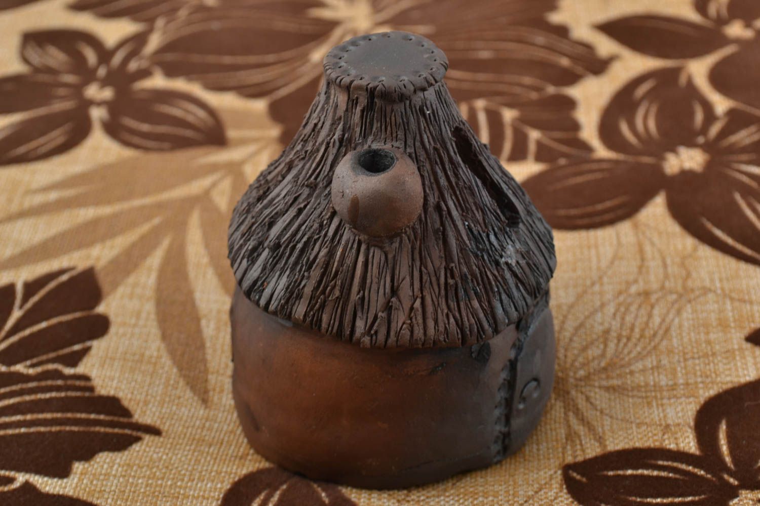 Money box made of clay figurine in shape of house brown small handmade photo 1
