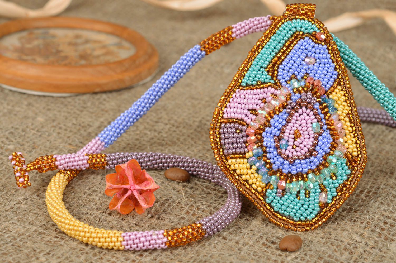 Beautiful bright handmade designer beaded cord necklace with pendant photo 5