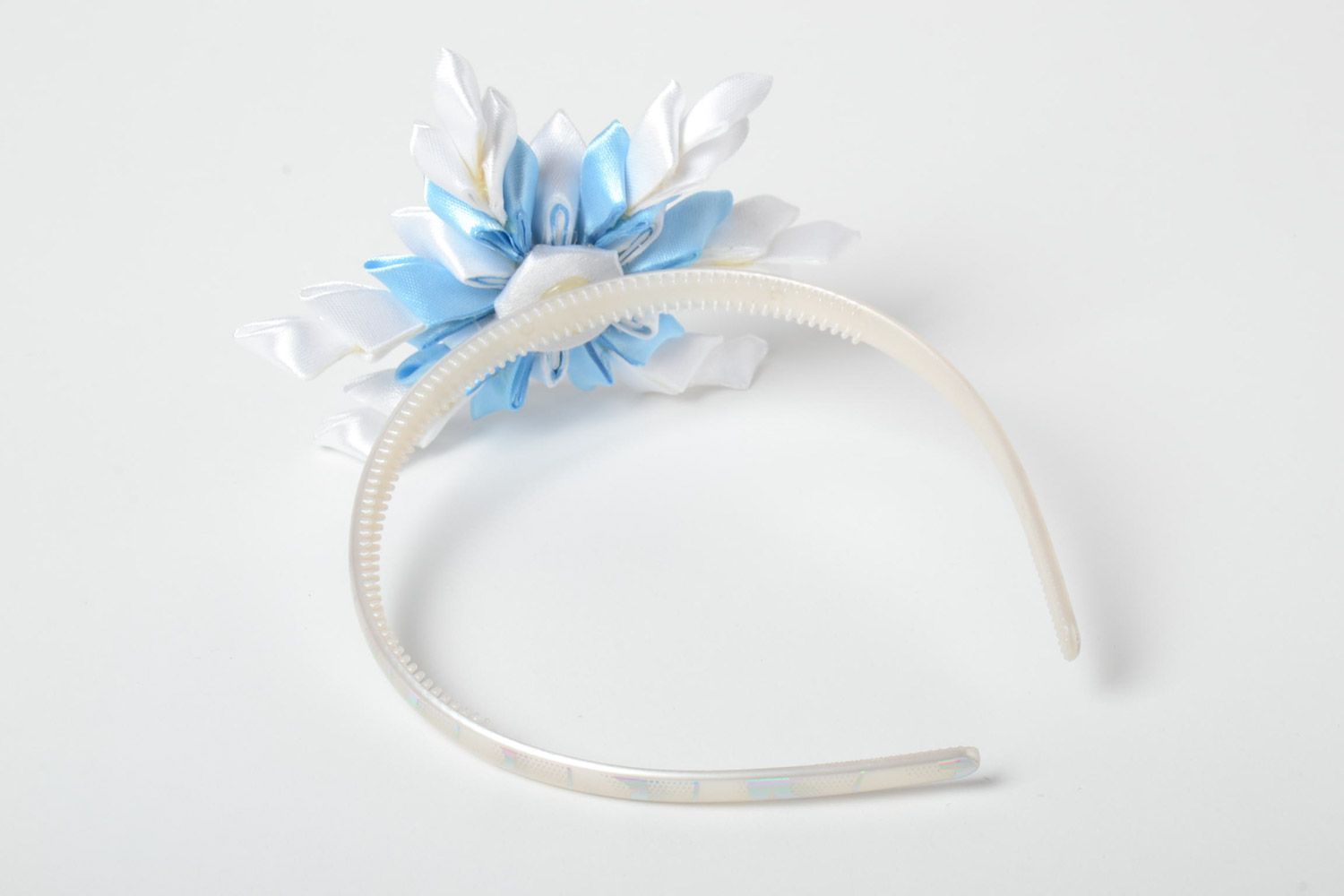 Festive headband with white and blue flower hand made of satin ribbons  photo 3