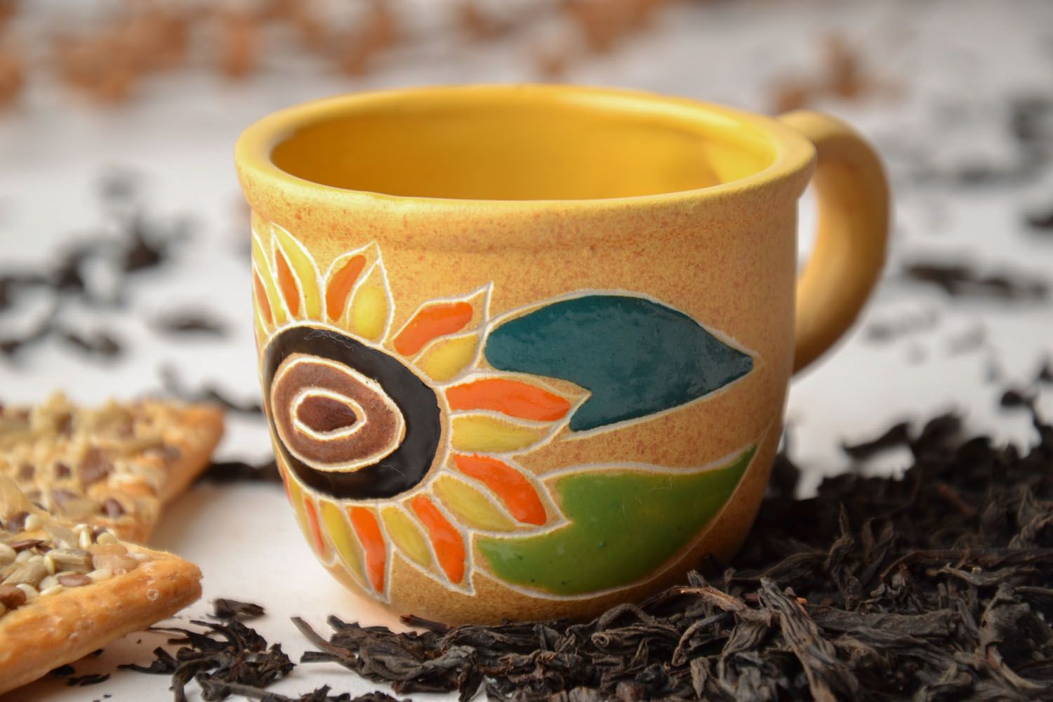 Yellow color clay small 3 oz coffee cup with handle and floral sunflower pattern photo 1