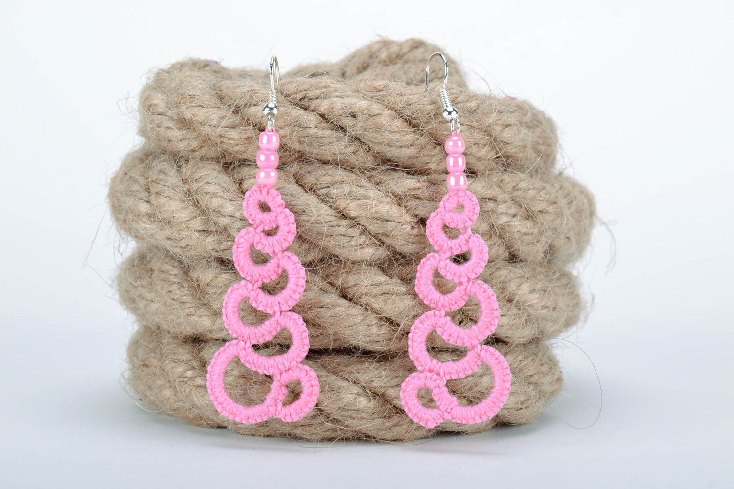 Earrings made of woven lace with beads photo 1