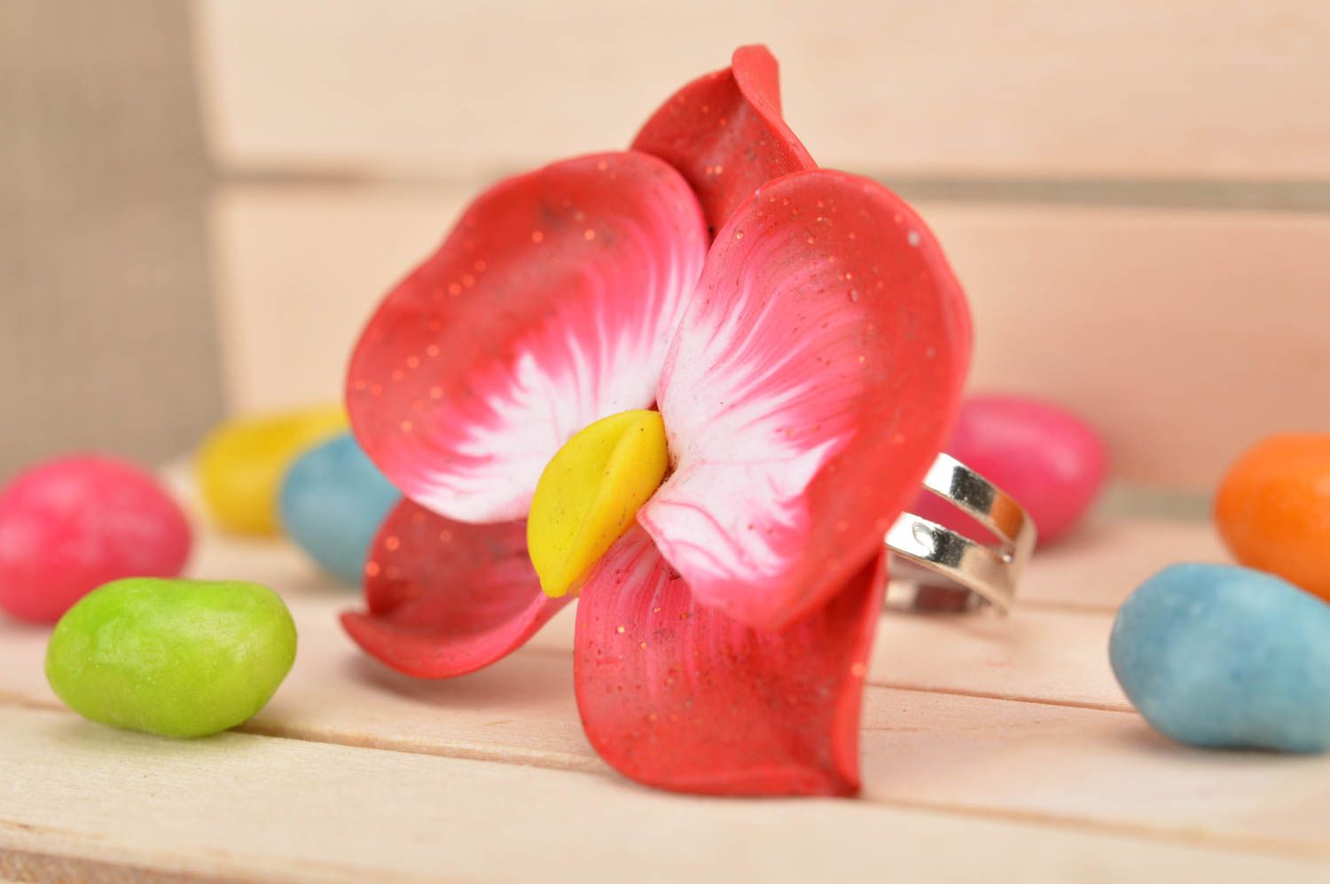 Handmade designer jewelry ring with polymer clay red orchid flower adjustable  photo 1
