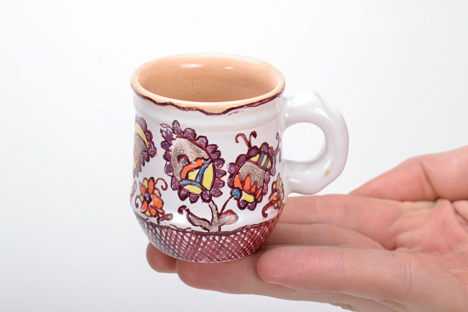 White and cherry color clay glazed decorative coffee cup with handle and beige glaze inside photo 5