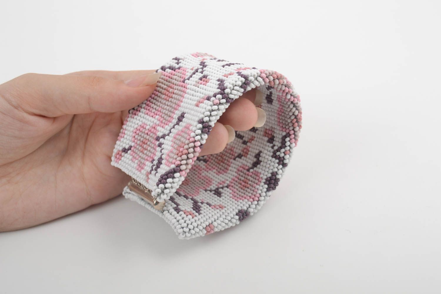 Браслет ручной работы широкий браслет из бисера модная бижутерия розовая сакура фото 4