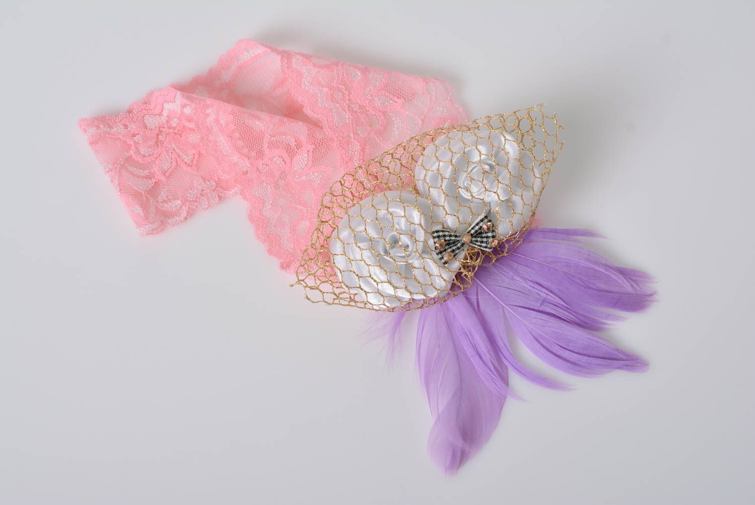 Beautiful handmade children's headband with lace bow and feathers photo 2