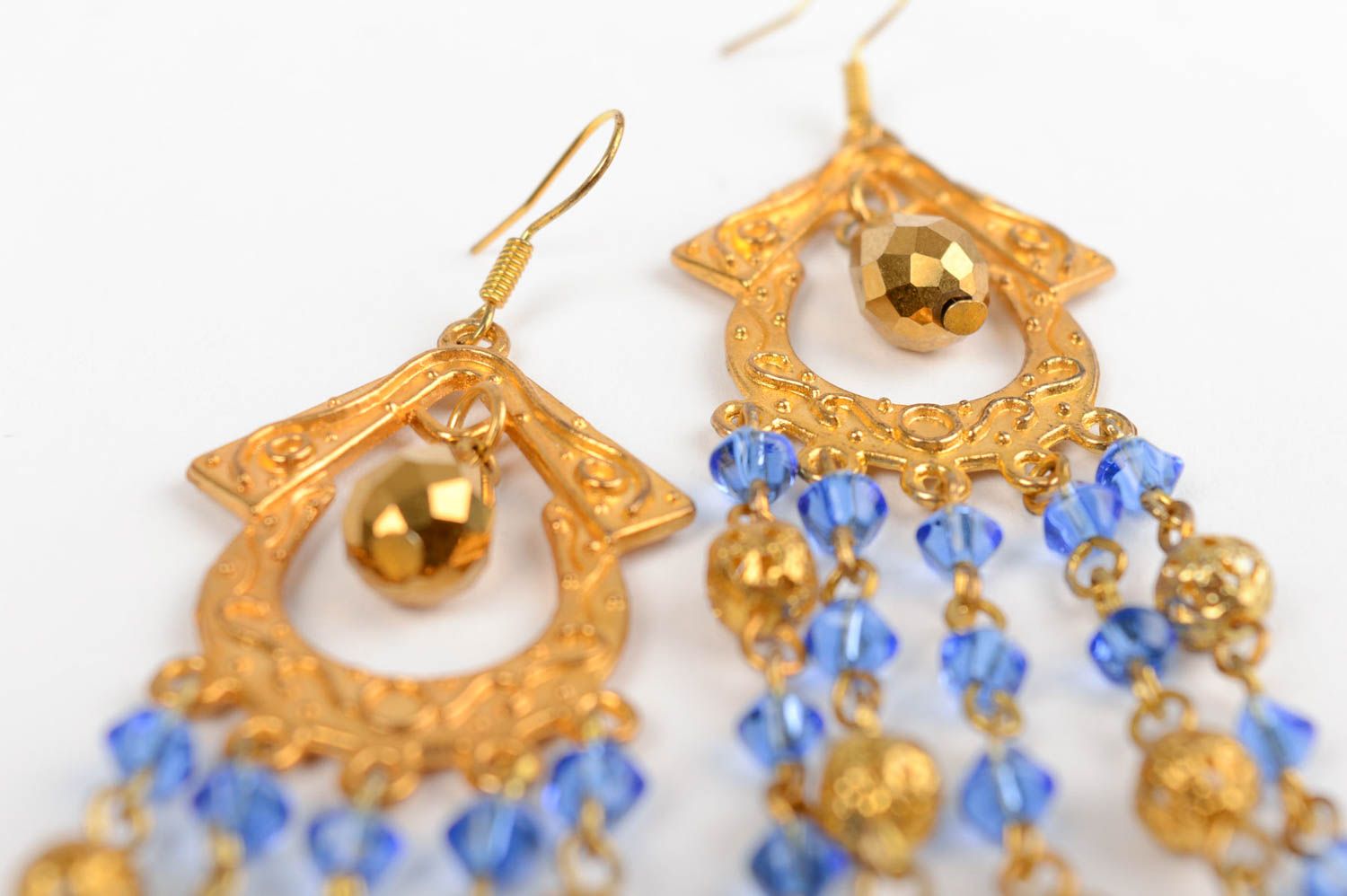 Handmade blue and golden long dangle earrings with Czech crystal in Orient style photo 4