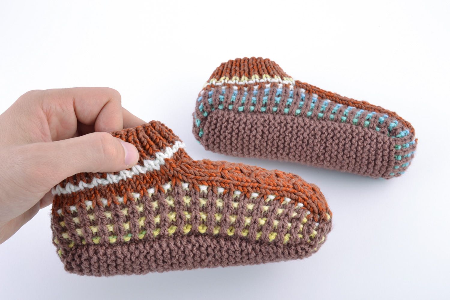 Handmade women's slippers knitted of brown semi-woolen threads in ethnic style  photo 5