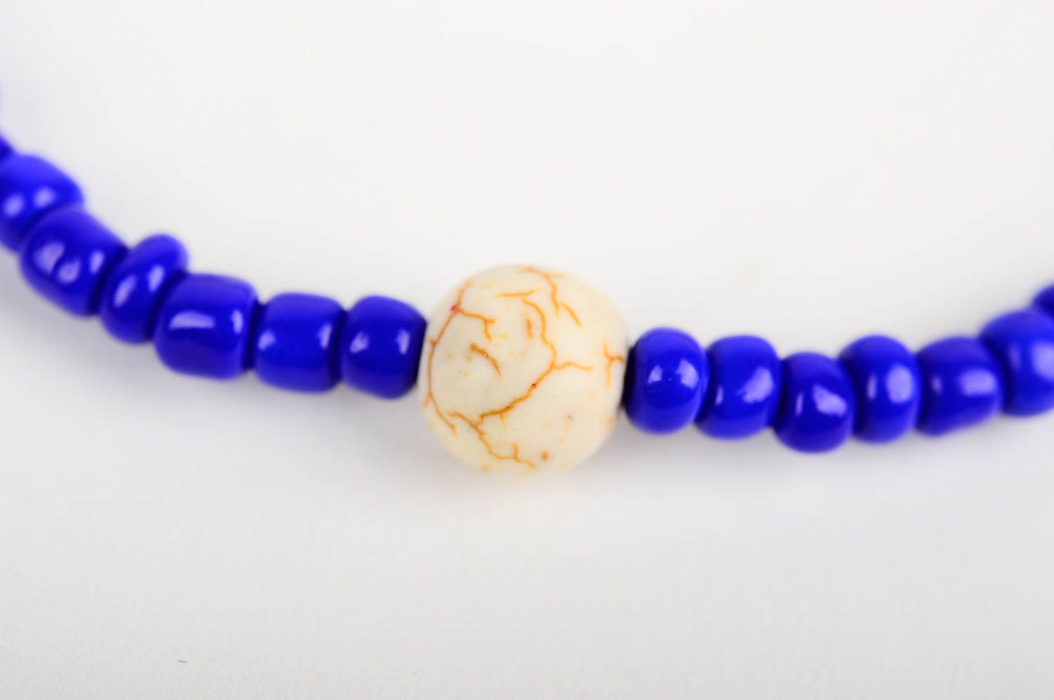 Dark blue beads handmade wrist adjustable bracelet with beige centerpiece large bead photo 4