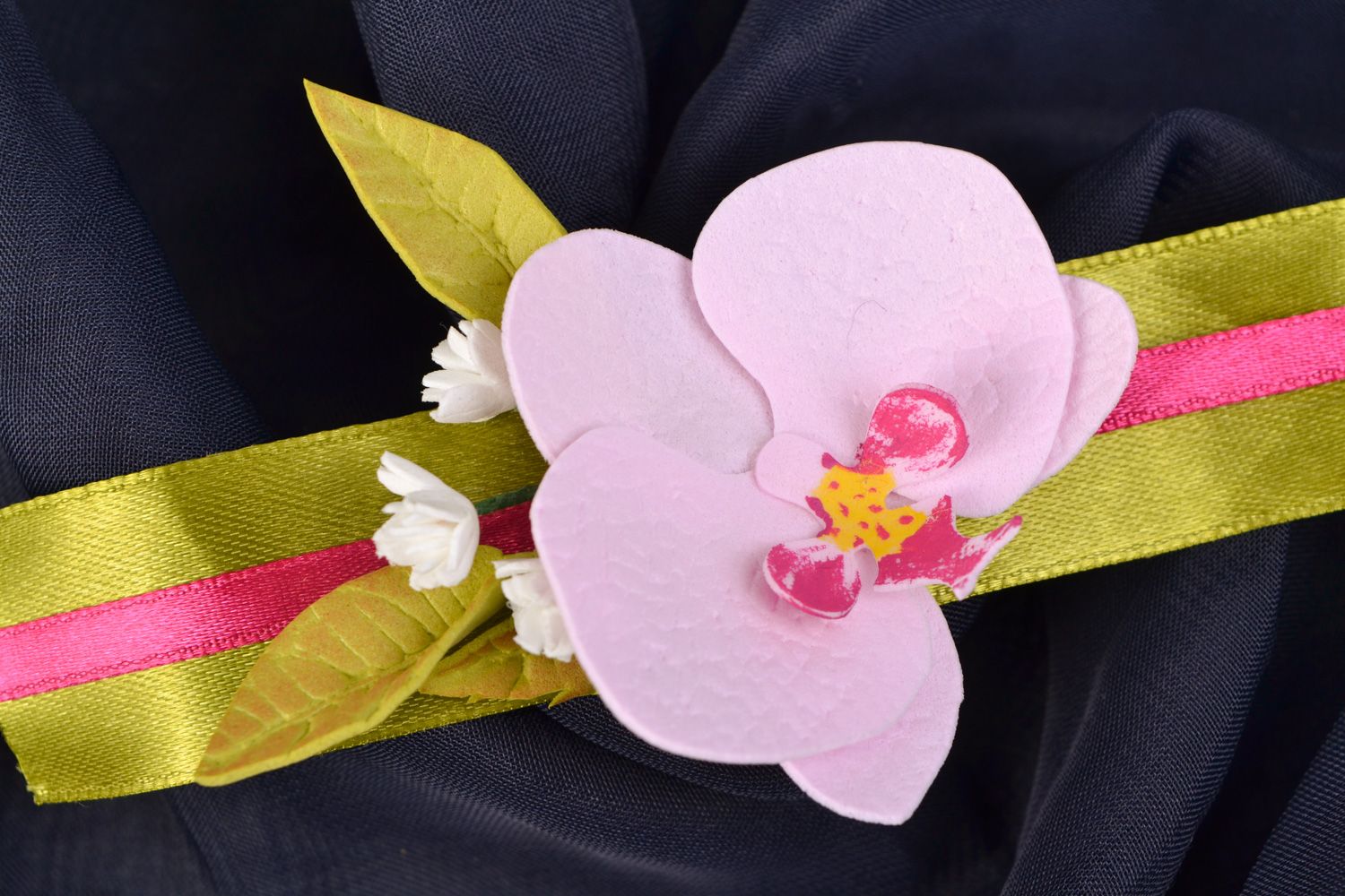 Handmade wedding wrist corsage with orchid flower made of foamiran for bridesmaid  photo 1