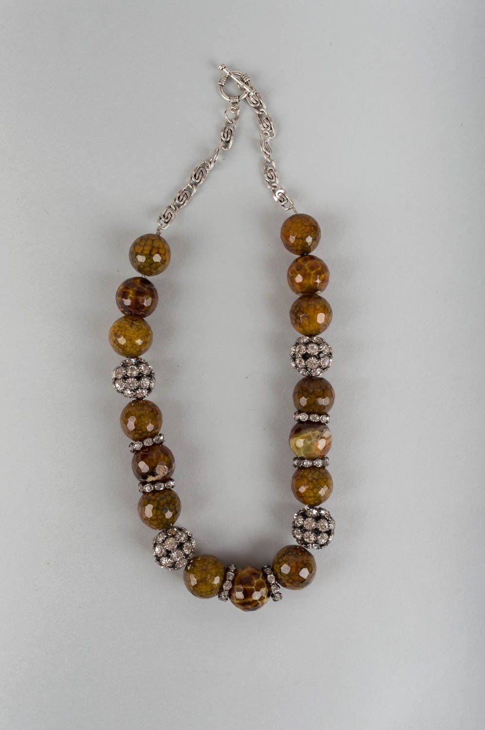 Beautiful brown handmade designer brass necklace with agate beads and crystals photo 2