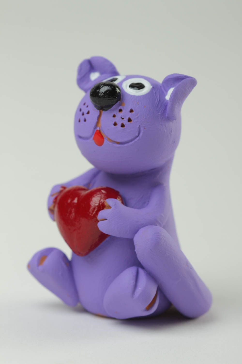 Statuette déco faite main Figurine chat avec coeur violette argile Déco maison photo 2