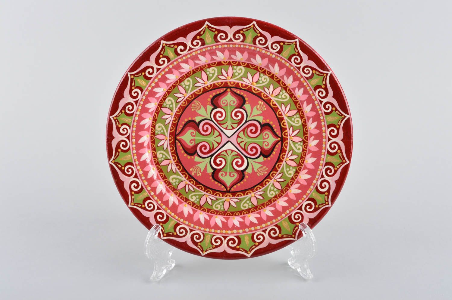 Assiette déco peinte fait main Déco murale céramique rouge motifs Vaisselle déco photo 2