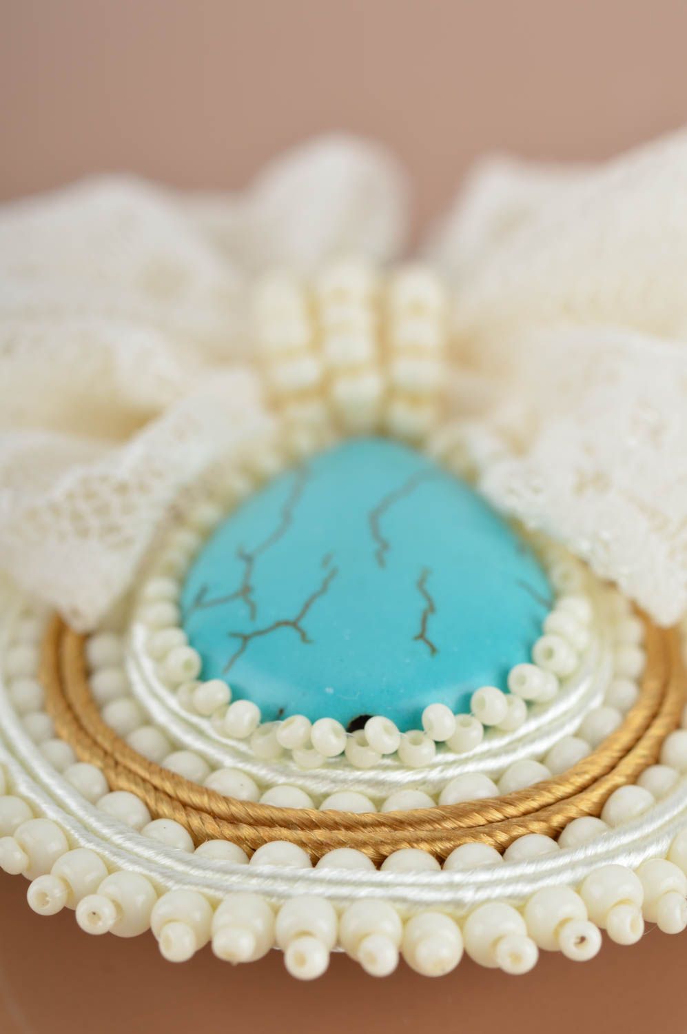 Beautiful handmade elegant soutache brooch adorned with beads and lace photo 4