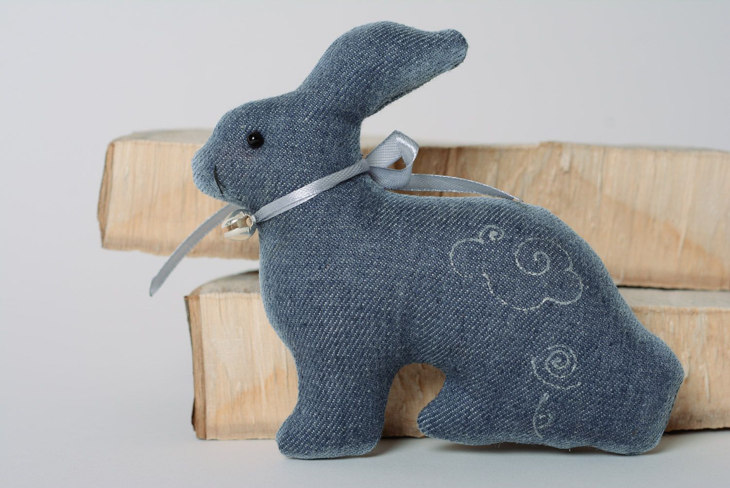 Handmade designer interior soft toy sewn of dark blue denim fabric Rabbit  photo 1